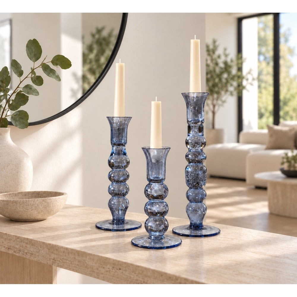 Juliska Provence Chambray Blue Glass Candlestick Set of 3 Bubbly Stacked Orb